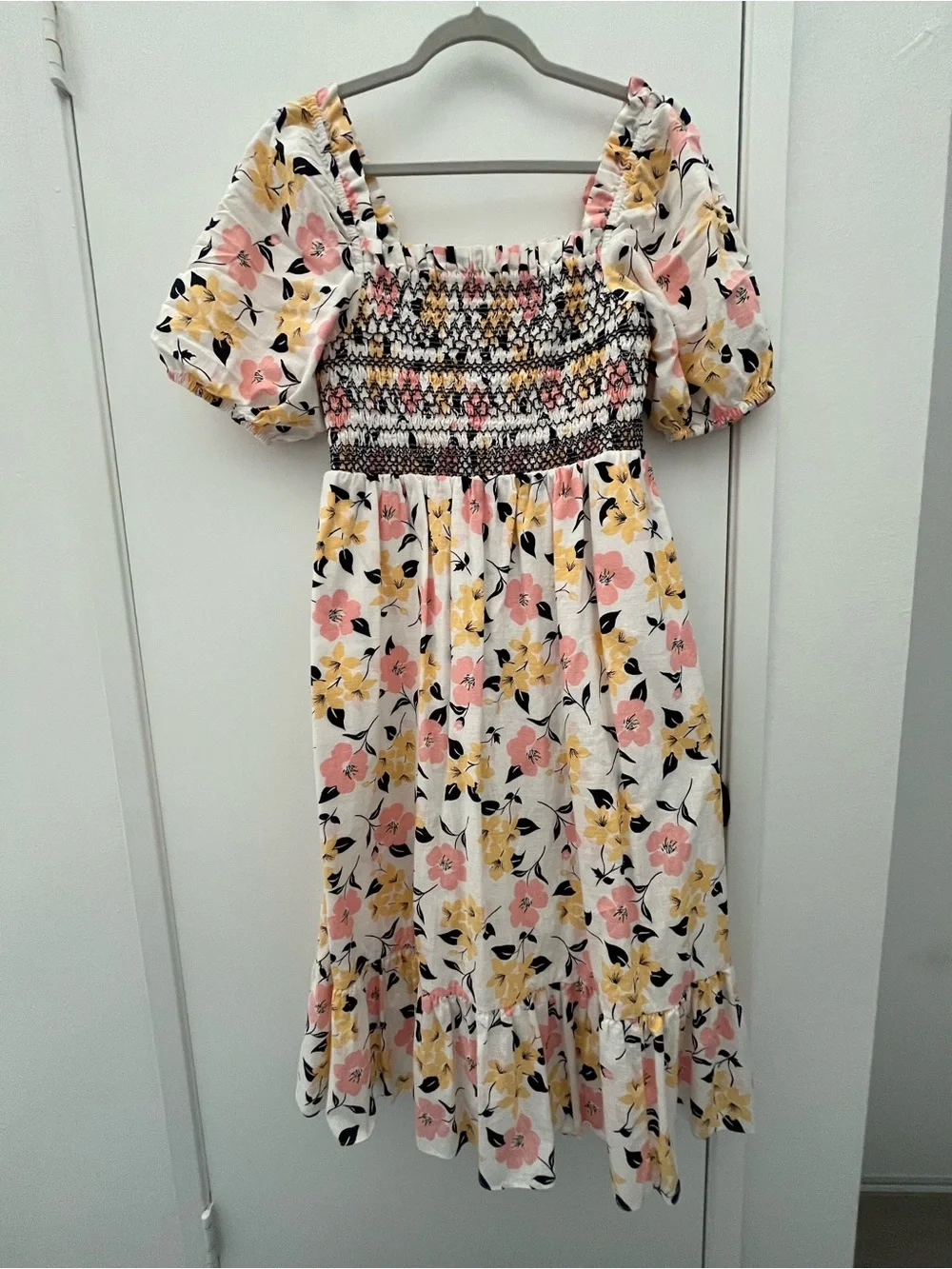 kate spade White Floral Smocked Midi Dress with Pink & Yellow Blooms